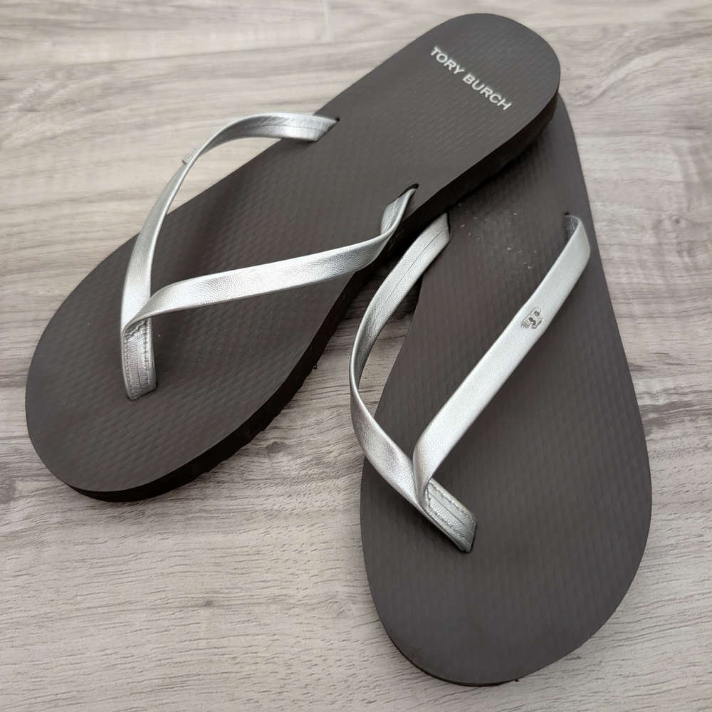 Tory Burch Metallic Silver and Charcoal Flip Flops